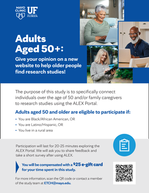 Adults Aged 50+: Give your opinion on a new website to help older people find research studies! Click to read the flyer.